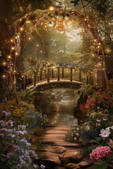 Mystical wooden fairy bridge with flowers, twinkling lights, and  