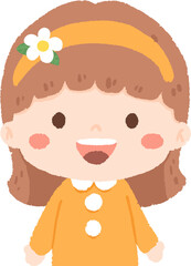 An illustration of a girl with brown hair and a yellow headband with a white flower on it. She is wearing a yellow dress with white buttons. She has a happy expression on her face and is looking at th