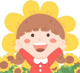 Cute girl with brown hair wearing a red dress standing in a field of sunflowers