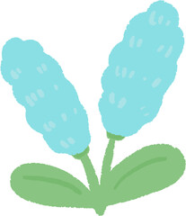 A simple drawing of three blue flowers with green leaves