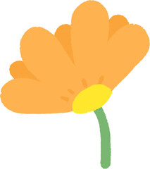 A simple cartoon flower with five petals. The petals are orange and the center is yellow. The stem is green.