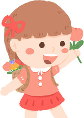 A cute little girl with a red bow in her hair is happily carrying a basket full of flowers.