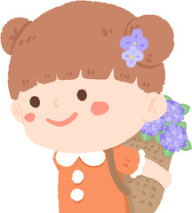 A girl with brown hair and blue eyes is carrying a basket of purple flowers on her back. She is wearing a white dress with orange sleeves. The background is transparent.