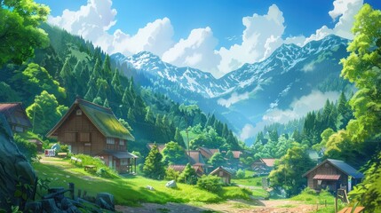 Obraz premium Beautiful anime background of rural village and mountain nature, lush greenery, picturesque landscape
