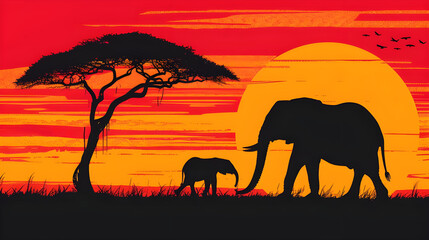 Obraz premium Elephant family silhouette at sunset in tropical jungle, Serene slephant silhouette at dusk in vibrant jungle, silhouette elephant family walking in twilight sunset beautiful background.