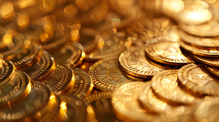 A close-up view of a pile of shiny gold coins, showcasing their intricate details and rich golden color.