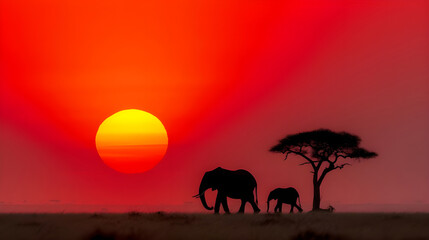 Obraz premium Elephant Family Silhouette at Sunset in Tropical Jungle. Silhouetted Elephants at Twilight in Exotic Jungle. Serene Elephant Silhouette at Dusk in Vibrant Jungle