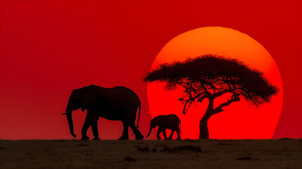 Fototapeta premium Elephant Family Silhouette at Sunset in Tropical Jungle. Silhouetted Elephants at Twilight in Exotic Jungle. Serene Elephant Silhouette at Dusk in Vibrant Jungle