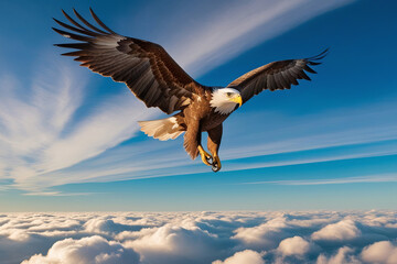 Fototapeta premium Majestic Fish Eagle soaring above cumulus clouds against a brilliant blue sky, conveying power, freedom, and serenity.