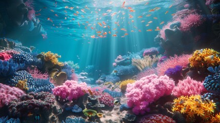 Fototapeta premium A 3D render of a vibrant underwater coral reef with fish swimming