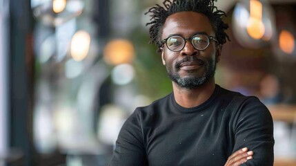 Fototapeta premium Confident and Composed: A portrait of a successful, charismatic black man in a black shirt, arms crossed, with a soft smile, radiating confidence, ambition, and strength. 