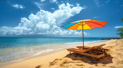 Fototapeta premium A colorful beach umbrella and lounge chairs on golden sand