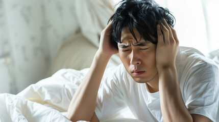 Depressed young Asian man sitting in bed cannot sleep insomnia Stressed asian Unhappy headache bedroom Of Depressed Young Man Sitting On Bed, Upset Millennial Burying Head In Hands, Mental Breakdown