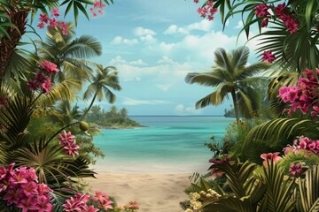 Tropical Island Paradise Frame. A frame of palm trees, vibrant flowers, and sandy beaches.