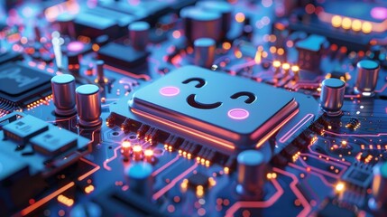 Cartoon semiconductor with a smiling face on a motherboard, small arms and antennas, creating a fun tech scene