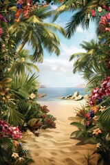 Fototapeta premium Tropical Island Paradise Frame. A frame of palm trees, vibrant flowers, and sandy beaches.