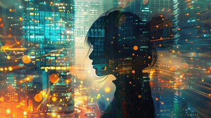 Fototapeta premium City lights and lively buildings blend with a young woman's silhouette, creating a futuristic and innovative visual scene
