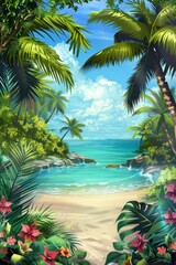 Tropical Island Paradise Frame. A frame of palm trees, vibrant flowers, and sandy beaches.
