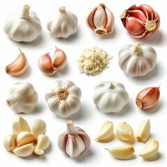 Fototapeta premium A variety of garlic bulbs and cloves on a white background.