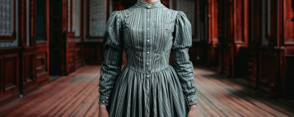 Victorian era woman in a historical dress standing in an opulently decorated hallway, showcasing classic fashion and architecture.