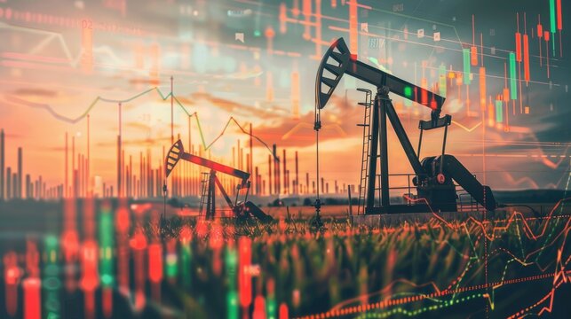Combining oil pumpjacks in a field with stock market charts, this image depicts the volatility of gasoline prices and energy market trends - Powered by Adobe