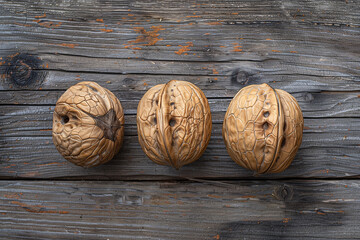 Top view of three walnuts on wooden background. Generative AI