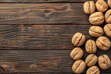 Top view of walnuts on wooden background. Generative AI
