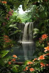 Naklejka premium Tropical Waterfall Frame. A frame of lush tropical plants, vibrant flowers, and cascading water. The center is a blank, serene waterfall pool, perfect for a tranquil and exotic scene. 