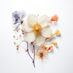 Dry and fresh flowers on white background. Text space available in a flat lay. Close-up still life photo.