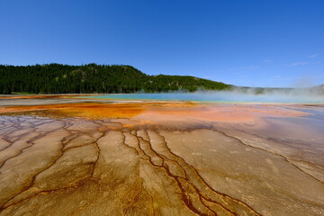 Grand Prismatic Spring wide angle landscape. In Midway Geyser Basin, Yellowstone National Park, USA