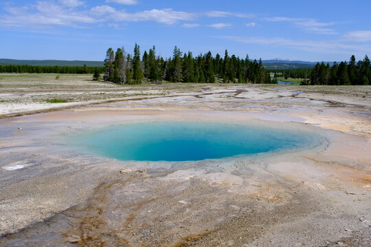 beautiful blue hot spring thermal pool, called Opal Pool, in the Midway Geyser Basin of Yellowstone National Park, Wyoming, USA