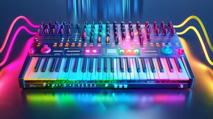 3D synthesizer with colorful light beams on a dark background, music, electronic beats
