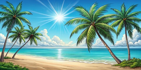 Vibrant watercolor illustration of serene beach scene featuring swaying palm trees standing tall against crystal clear turquoise ocean waters under sunny sky.