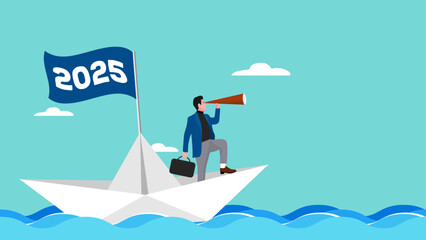new plan or business strategy in 2025, businessman sailing on a paper boat with 2025 waving flag while scouting for business opportunities using telescope, business opportunities, happy new year 2025