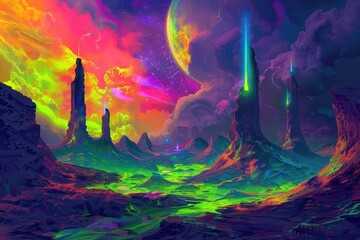 Fototapeta premium Vivid extraterrestrial landscape with vibrant rocks and celestial bodies