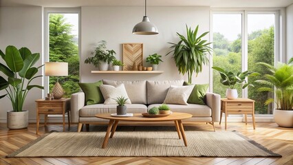 Naklejka premium Minimalist Scandinavian living room featuring a sleek sofa, low coffee table, natural fiber rug, and lush green plants in a bright and airy atmosphere.