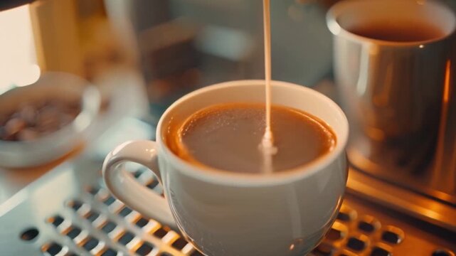 A top view Slow motion is used to pour coffee into a mug.