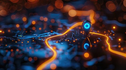 Digital map with illuminated routes and prominent location pin, symbolizing navigation and technology, vibrant blue and orange highlights