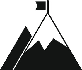 Black and white icon of a flag waving on top of a mountain, representing the concept of success