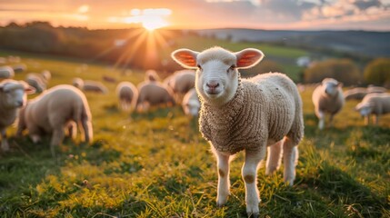 Obraz premium Sheep standing closely together in a field are raised in farms with great joy; sheep are sheared to sell at markets. Sheep in a farm scene