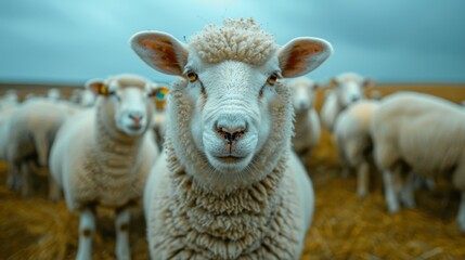 Obraz premium Sheep standing closely together in a field are raised in farms with great joy; sheep are sheared to sell at markets. Sheep in a farm scene