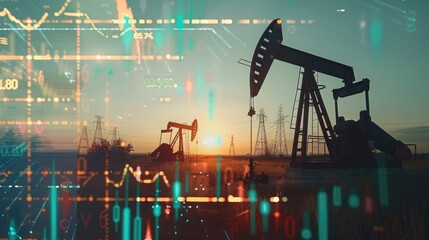 Double exposure of oil pumpjacks in a field with stock market data charts, conveying fluctuating gasoline prices and energy market dynamics