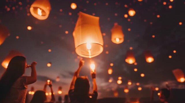 A group of people released lanterns into the night sky on the eve of Independence Day, symbolizing hope, freedom, and the American spirit