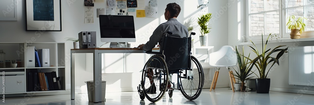 Aufkleber Man in a wheelchair working at a computer in a modern office with large windows. Promotes accessibility and inclusion for disabled employees.