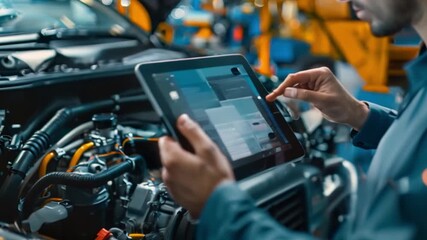 Auto mechanic with digital tablet at work making an engine repair diagnosis of a car in a mechanic garage, touching icons on virtual screen - Powered by Adobe