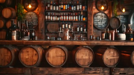 barrels in a vintage beer from the brewery A bar has a large stack of wooden barrels. Barrels of wood in a bar