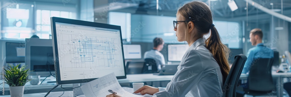 Poster female engineer working on computer with detailed blueprints in a modern office. engineering experti