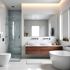 close up portrait of Realistic detailed modern bathroom interior with show shiny ,3d coloured , png on ,white background