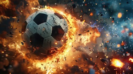 Fototapeta premium Dramatic soccer ball scene with explosions and fire, showcasing intense action and dynamic sports energy