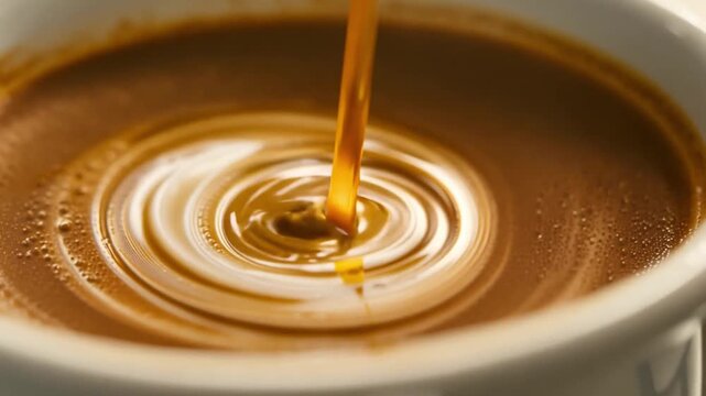 A top view of coffee being slowly poured into a mug is shown in a coffee drink cup filled with white and brown beverages, such as cappuccino, coffee with milk, and plain coffee.